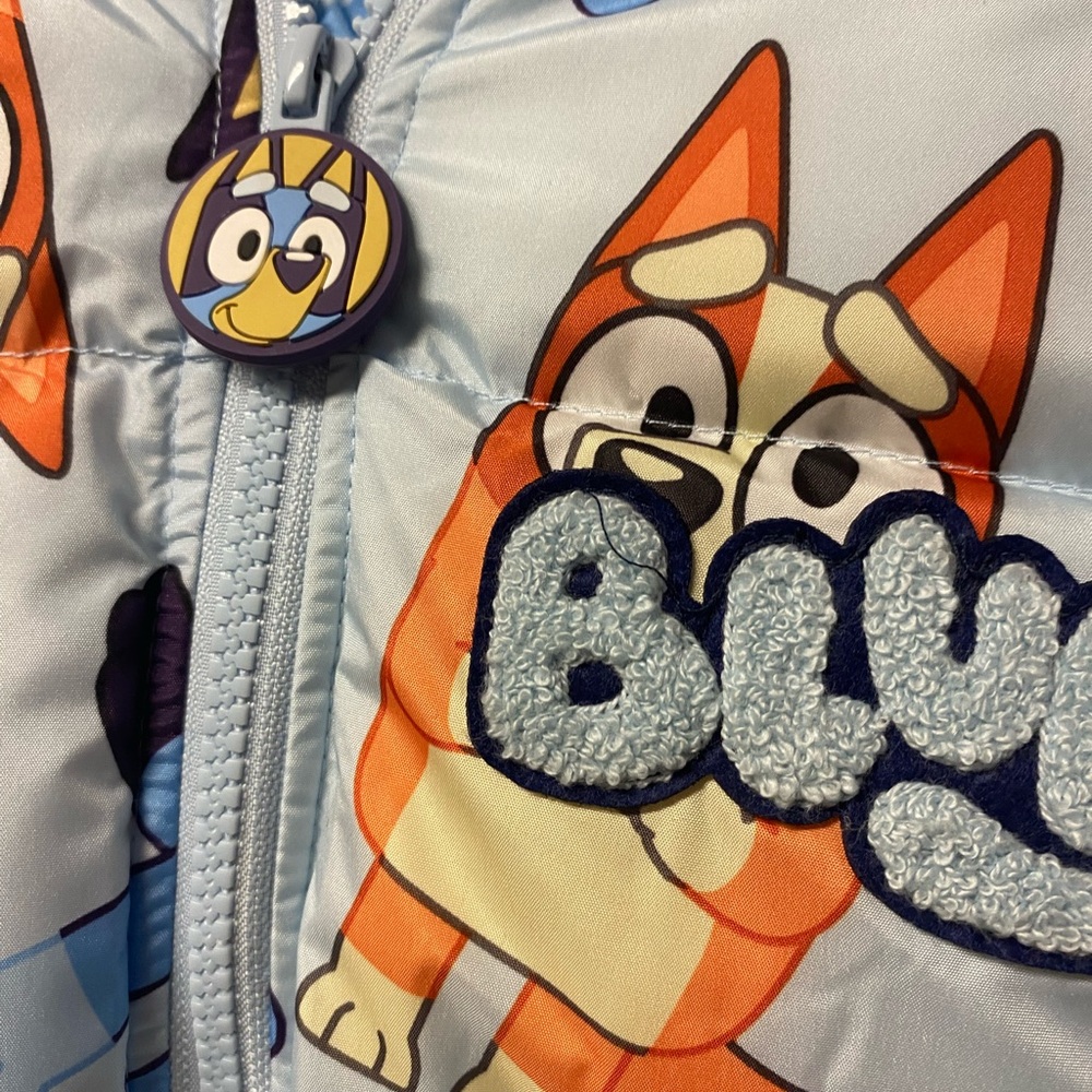 Bluey Puffer Jacket for Kids - Light Blue Printed Hooded Coat - Picture 4 of 7